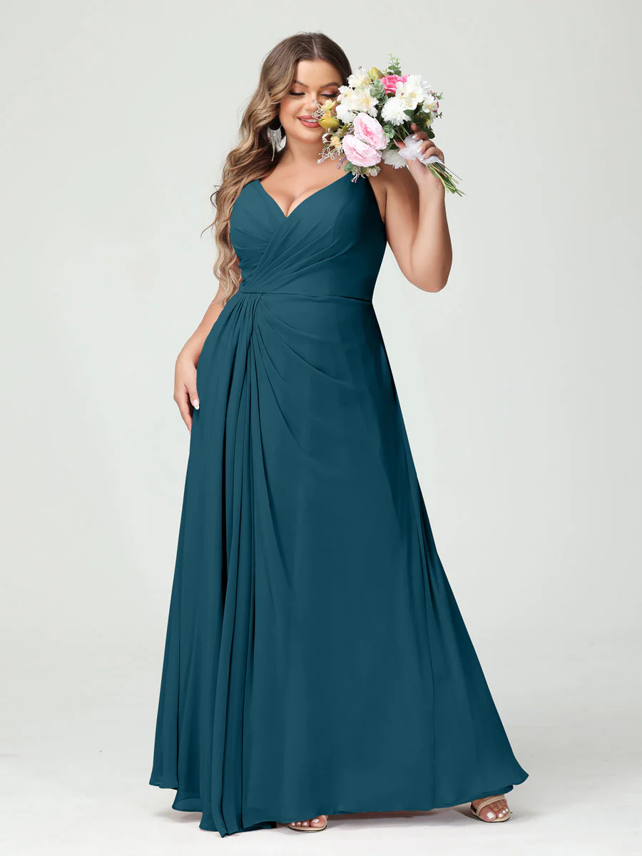 A-Line/Princess Spaghetti Straps Sleeveless Chiffon Plus Size Bridesmaid Dresses with Pockets & Split Side - Image 59