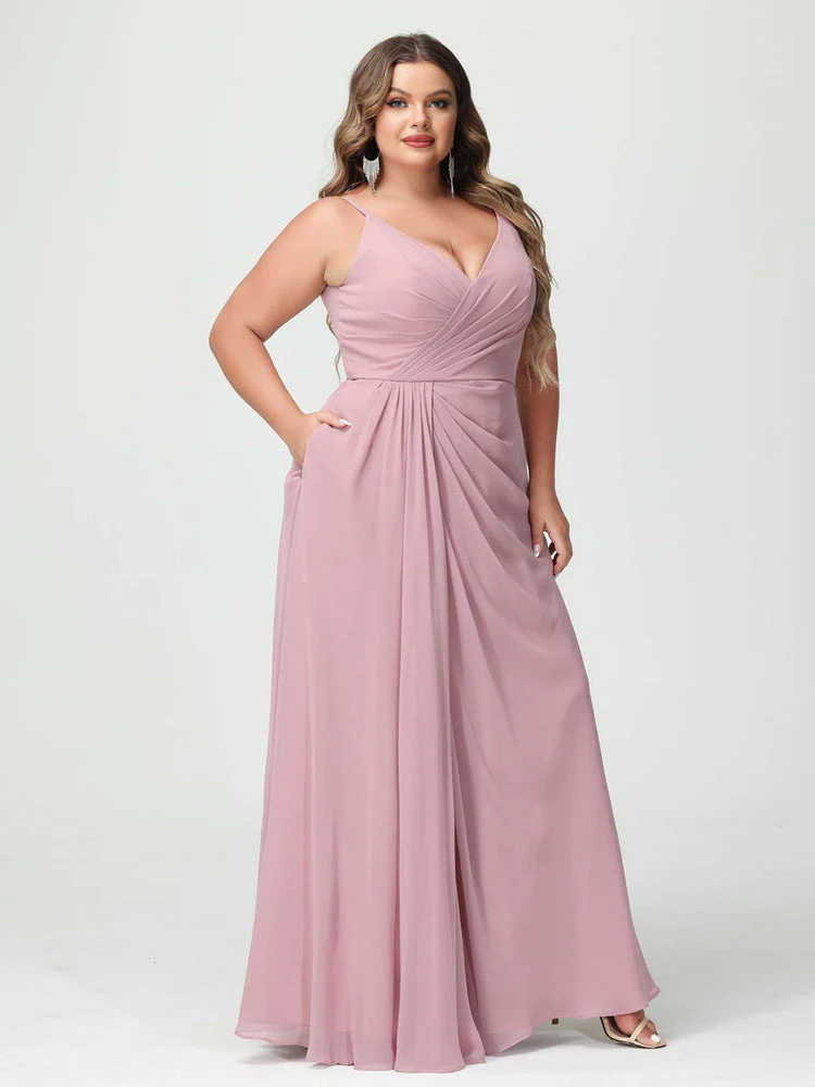 A-Line/Princess Spaghetti Straps Sleeveless Chiffon Plus Size Bridesmaid Dresses with Pockets & Split Side - Image 6