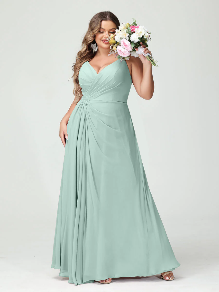 A-Line/Princess Spaghetti Straps Sleeveless Chiffon Plus Size Bridesmaid Dresses with Pockets & Split Side - Image 61