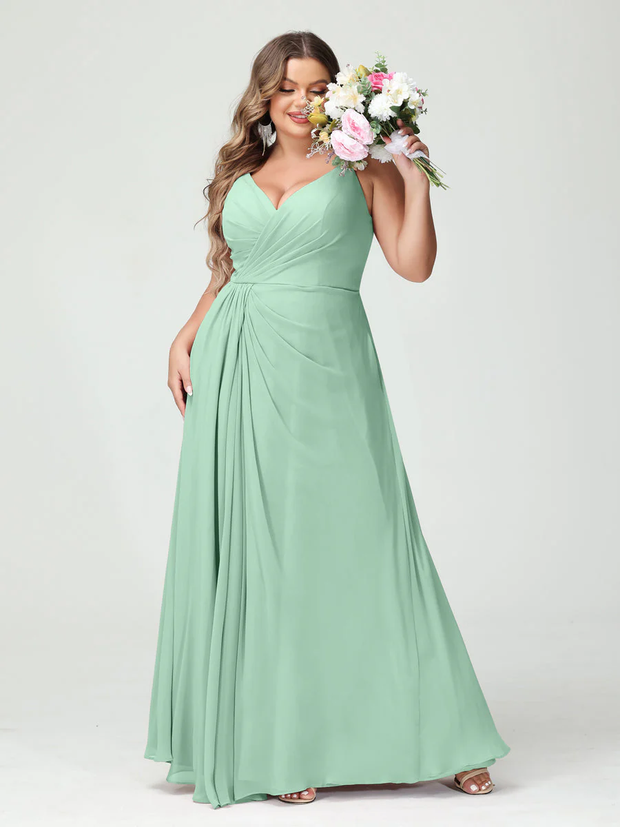 A-Line/Princess Spaghetti Straps Sleeveless Chiffon Plus Size Bridesmaid Dresses with Pockets & Split Side - Image 62