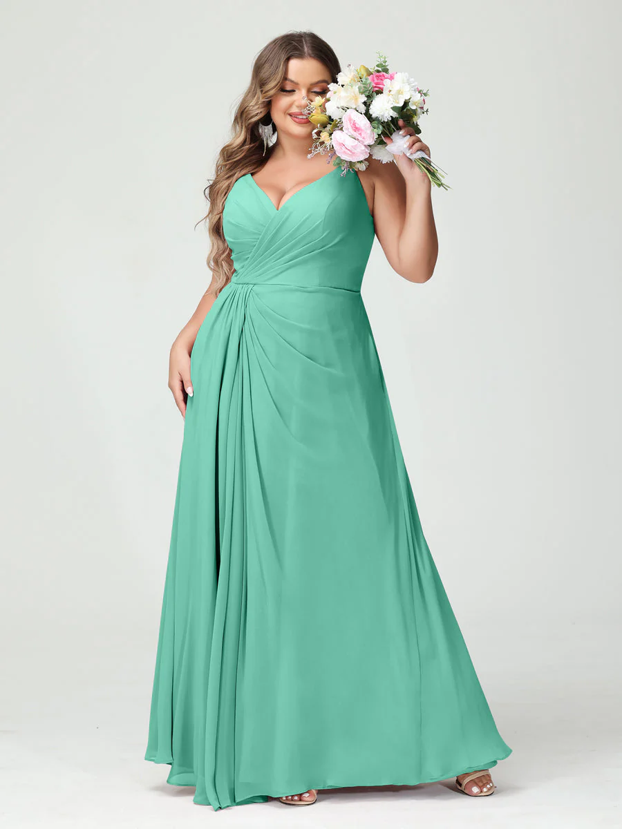 A-Line/Princess Spaghetti Straps Sleeveless Chiffon Plus Size Bridesmaid Dresses with Pockets & Split Side - Image 63