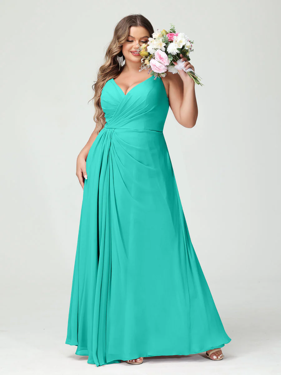A-Line/Princess Spaghetti Straps Sleeveless Chiffon Plus Size Bridesmaid Dresses with Pockets & Split Side - Image 64