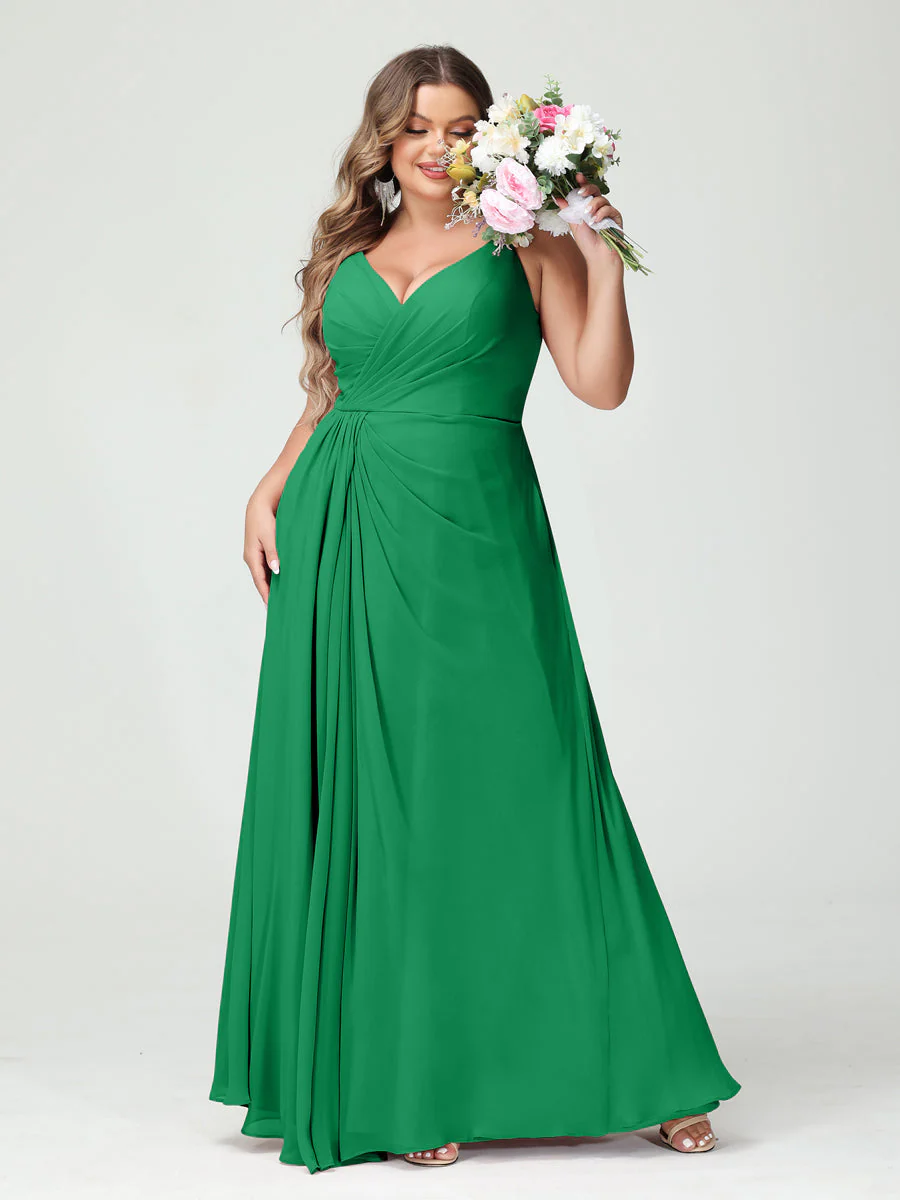 A-Line/Princess Spaghetti Straps Sleeveless Chiffon Plus Size Bridesmaid Dresses with Pockets & Split Side - Image 65