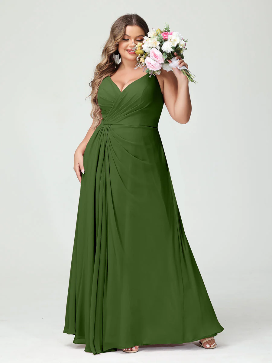 A-Line/Princess Spaghetti Straps Sleeveless Chiffon Plus Size Bridesmaid Dresses with Pockets & Split Side - Image 66
