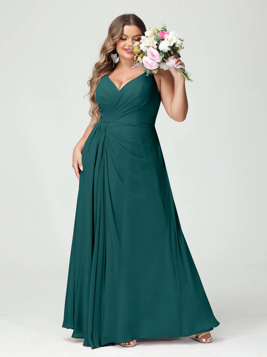 A-Line/Princess Spaghetti Straps Sleeveless Chiffon Plus Size Bridesmaid Dresses with Pockets & Split Side - Image 67