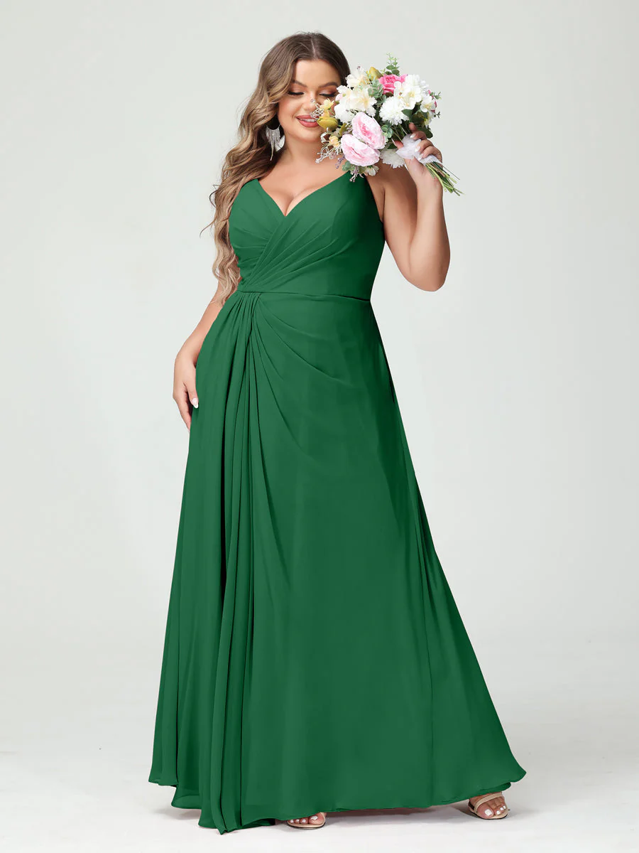 A-Line/Princess Spaghetti Straps Sleeveless Chiffon Plus Size Bridesmaid Dresses with Pockets & Split Side - Image 68