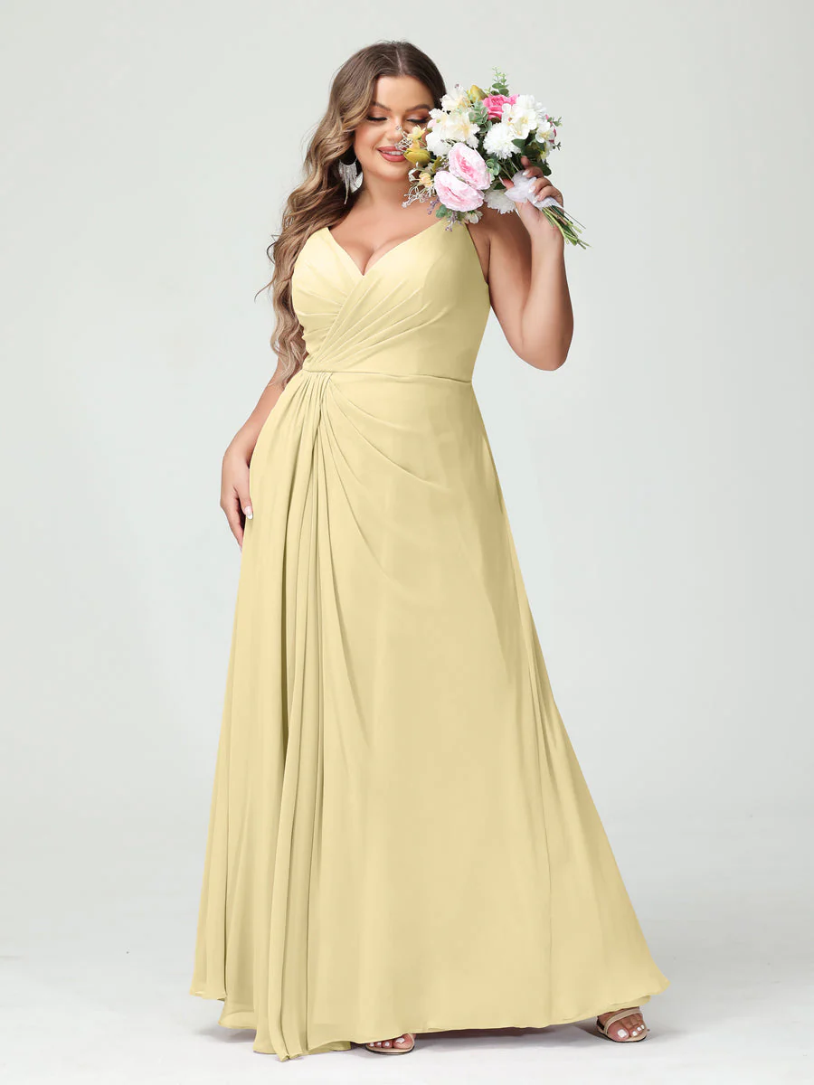 A-Line/Princess Spaghetti Straps Sleeveless Chiffon Plus Size Bridesmaid Dresses with Pockets & Split Side - Image 69