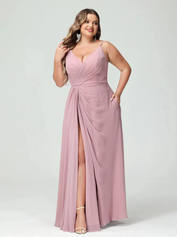 A-Line/Princess Spaghetti Straps Sleeveless Chiffon Plus Size Bridesmaid Dresses with Pockets & Split Side - Image 7