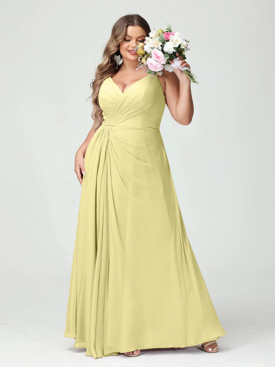 A-Line/Princess Spaghetti Straps Sleeveless Chiffon Plus Size Bridesmaid Dresses with Pockets & Split Side - Image 70