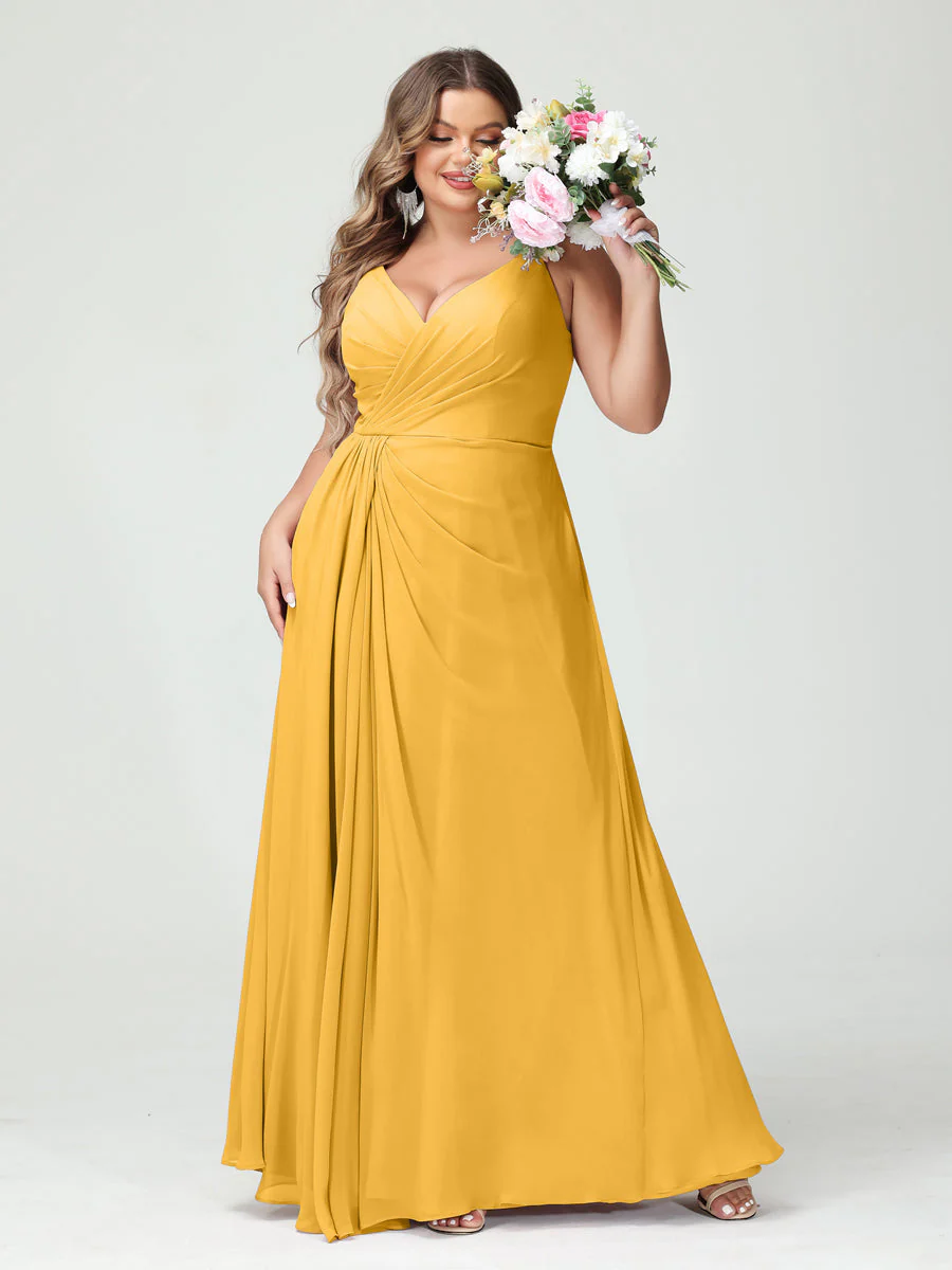 A-Line/Princess Spaghetti Straps Sleeveless Chiffon Plus Size Bridesmaid Dresses with Pockets & Split Side - Image 71