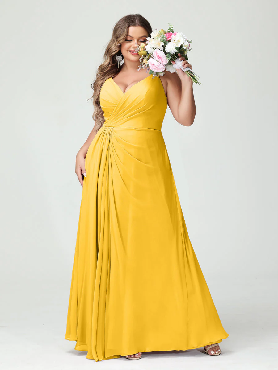 A-Line/Princess Spaghetti Straps Sleeveless Chiffon Plus Size Bridesmaid Dresses with Pockets & Split Side - Image 72