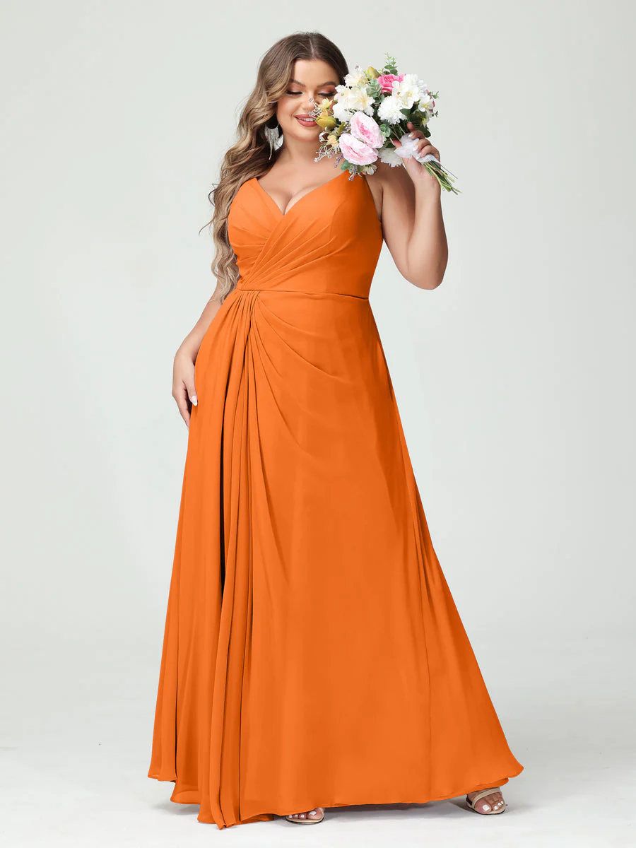 A-Line/Princess Spaghetti Straps Sleeveless Chiffon Plus Size Bridesmaid Dresses with Pockets & Split Side - Image 73