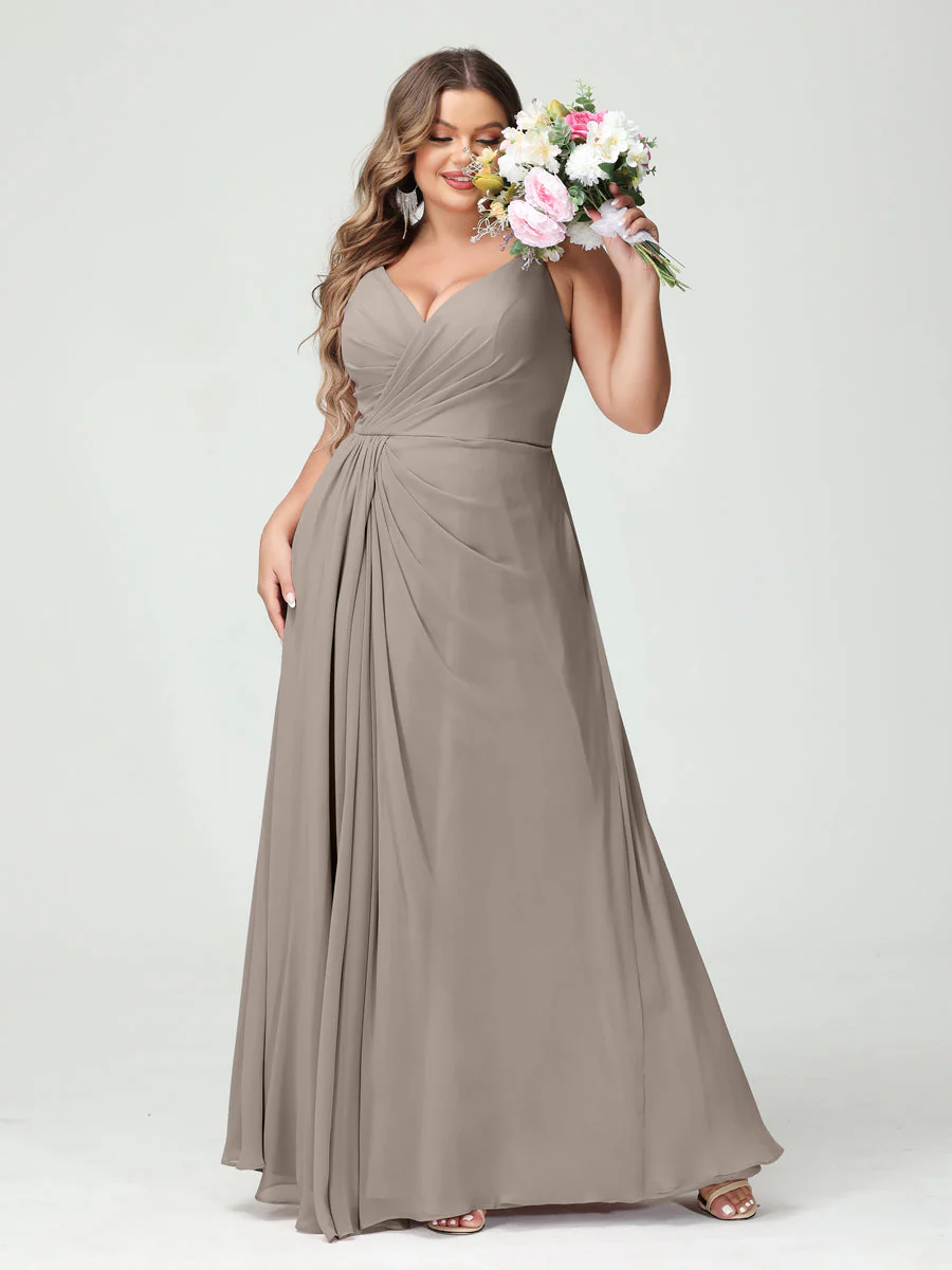 A-Line/Princess Spaghetti Straps Sleeveless Chiffon Plus Size Bridesmaid Dresses with Pockets & Split Side - Image 74