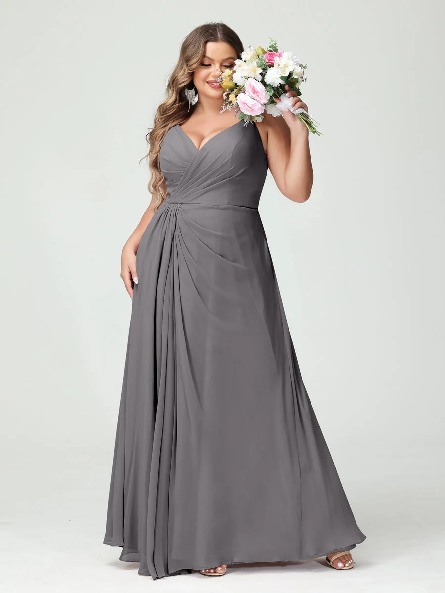 A-Line/Princess Spaghetti Straps Sleeveless Chiffon Plus Size Bridesmaid Dresses with Pockets & Split Side - Image 75