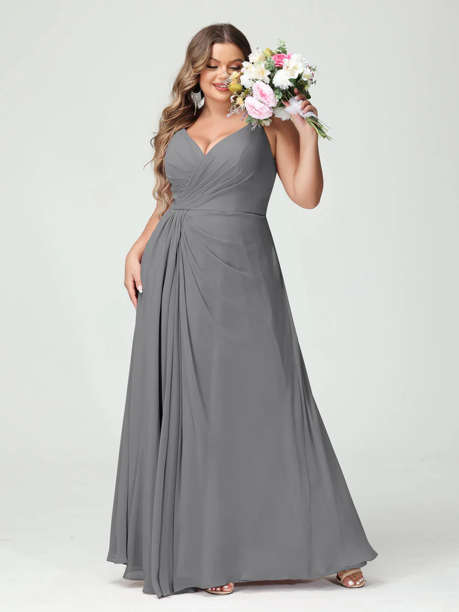 A-Line/Princess Spaghetti Straps Sleeveless Chiffon Plus Size Bridesmaid Dresses with Pockets & Split Side - Image 76