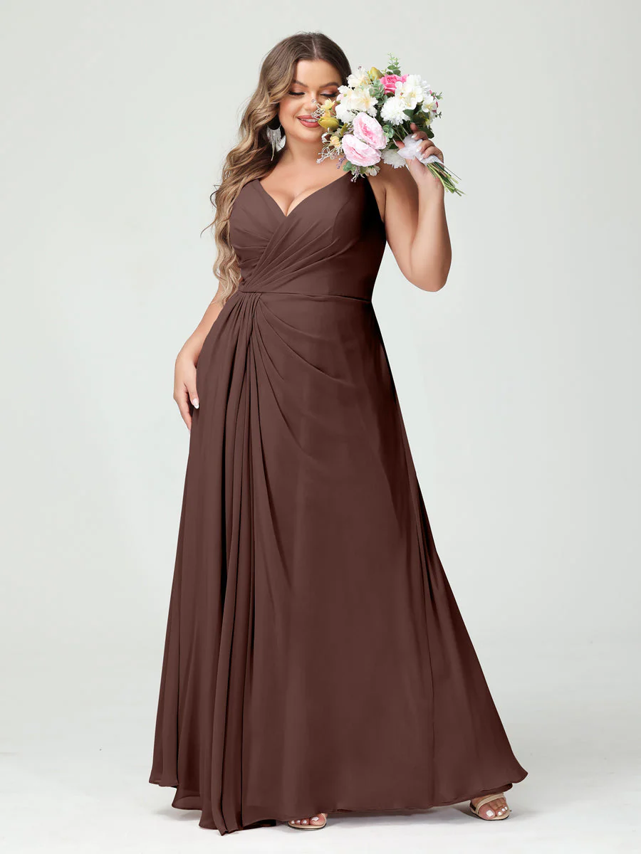 A-Line/Princess Spaghetti Straps Sleeveless Chiffon Plus Size Bridesmaid Dresses with Pockets & Split Side - Image 77