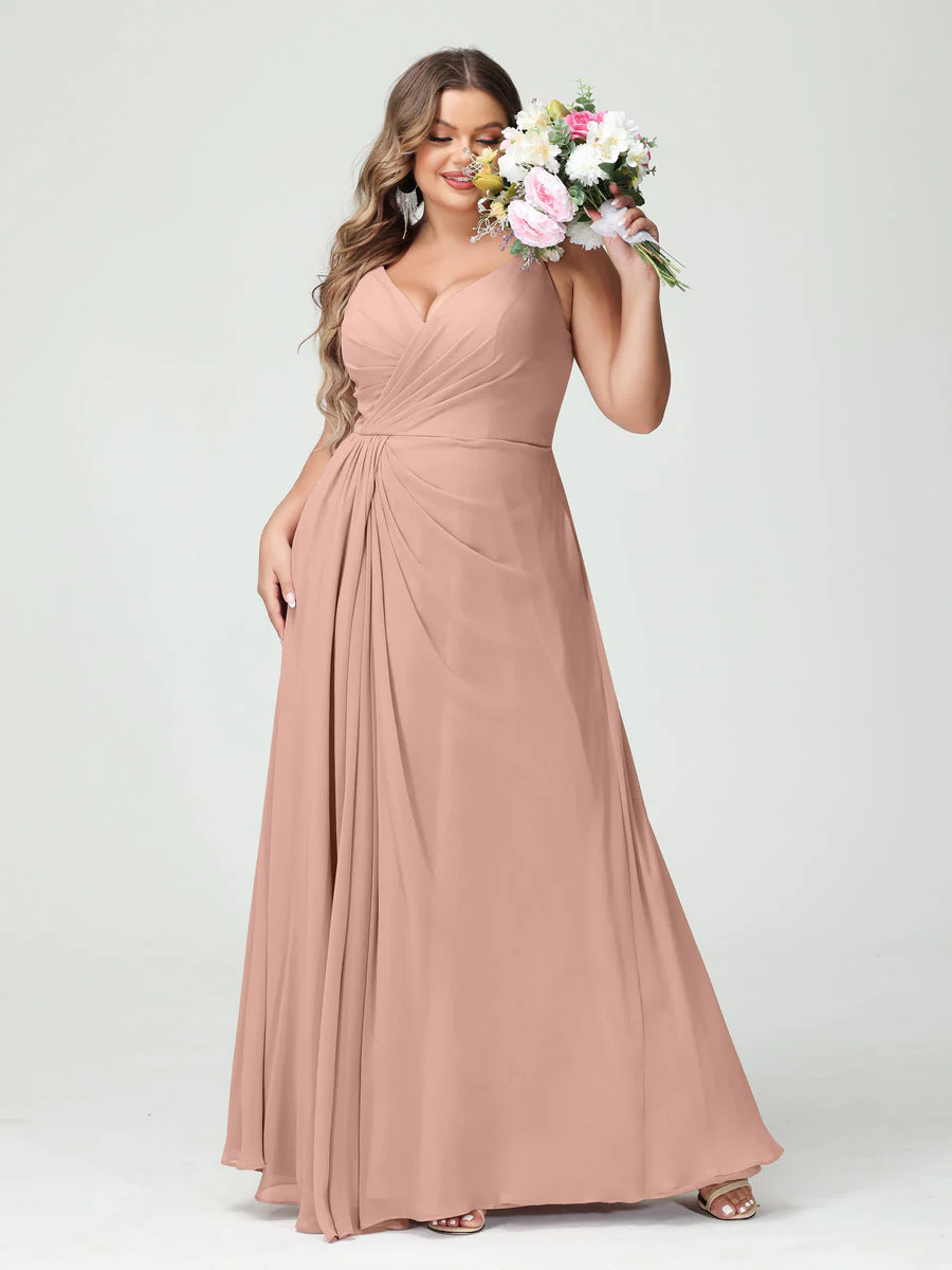 A-Line/Princess Spaghetti Straps Sleeveless Chiffon Plus Size Bridesmaid Dresses with Pockets & Split Side - Image 8