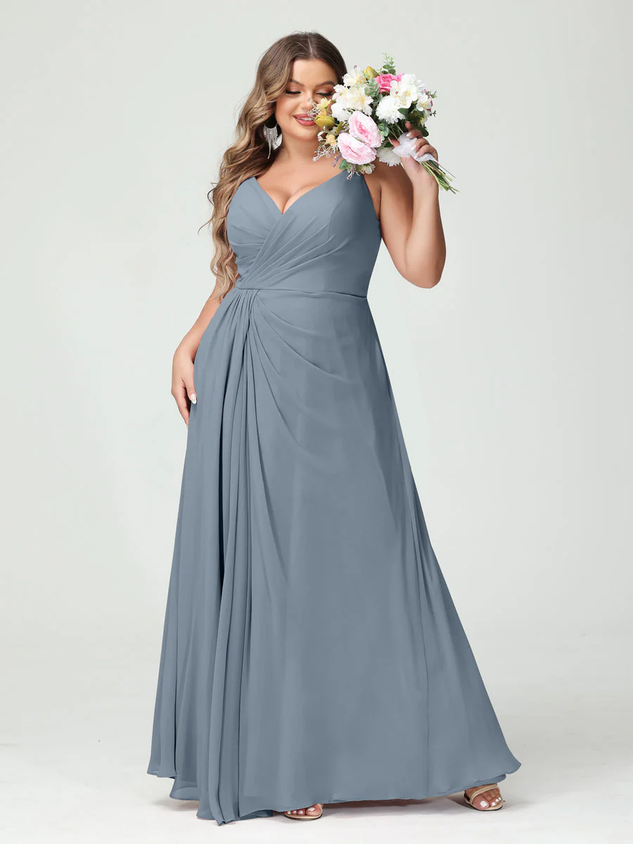 A-Line/Princess Spaghetti Straps Sleeveless Chiffon Plus Size Bridesmaid Dresses with Pockets & Split Side - Image 9