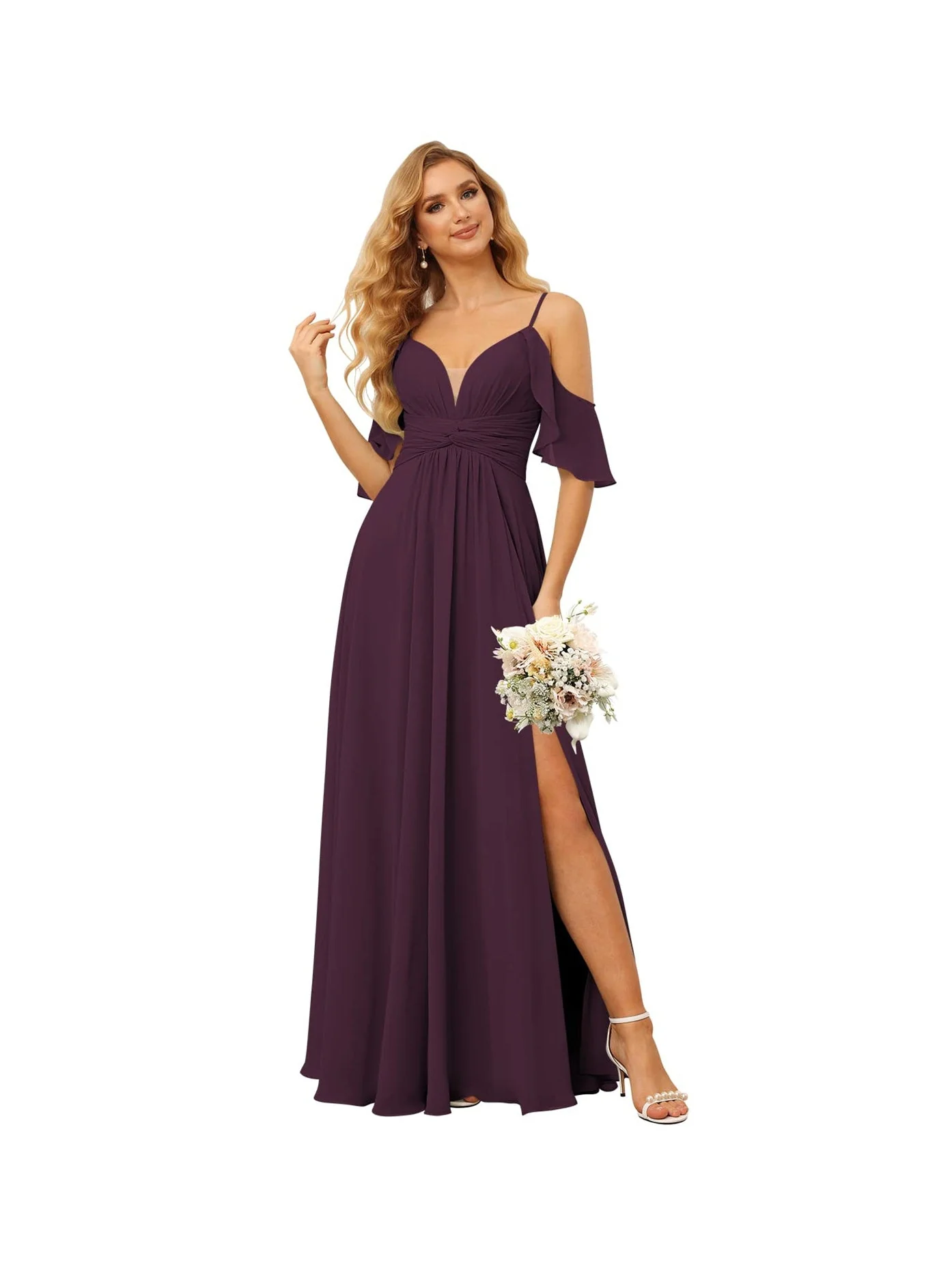 A-Line/Princess Spaghetti Straps Sleeveless Floor Length Bridesmaid Dresses Chiffon with Ruffles Split - Image 10