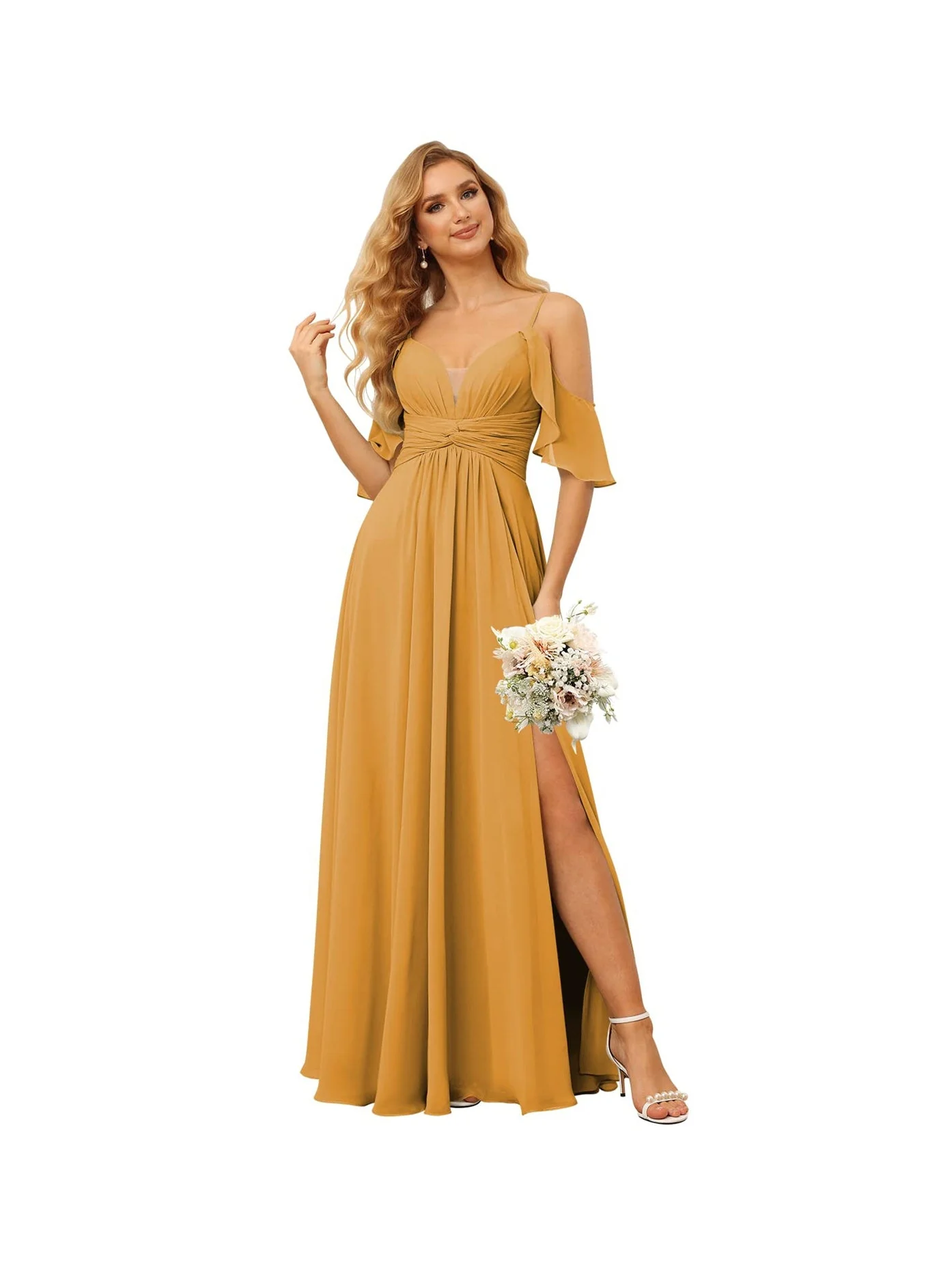 A-Line/Princess Spaghetti Straps Sleeveless Floor Length Bridesmaid Dresses Chiffon with Ruffles Split - Image 11
