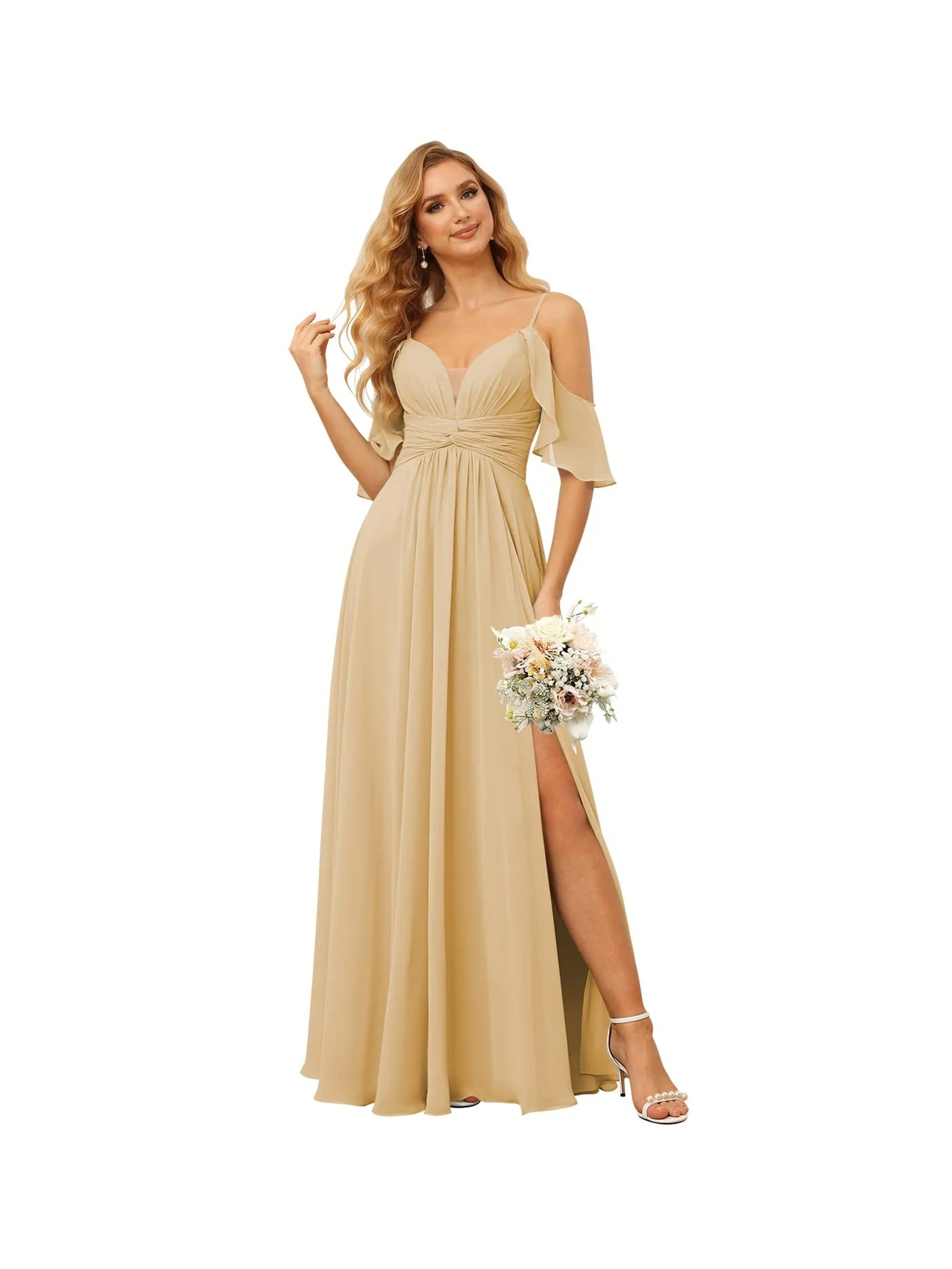 A-Line/Princess Spaghetti Straps Sleeveless Floor Length Bridesmaid Dresses Chiffon with Ruffles Split - Image 12