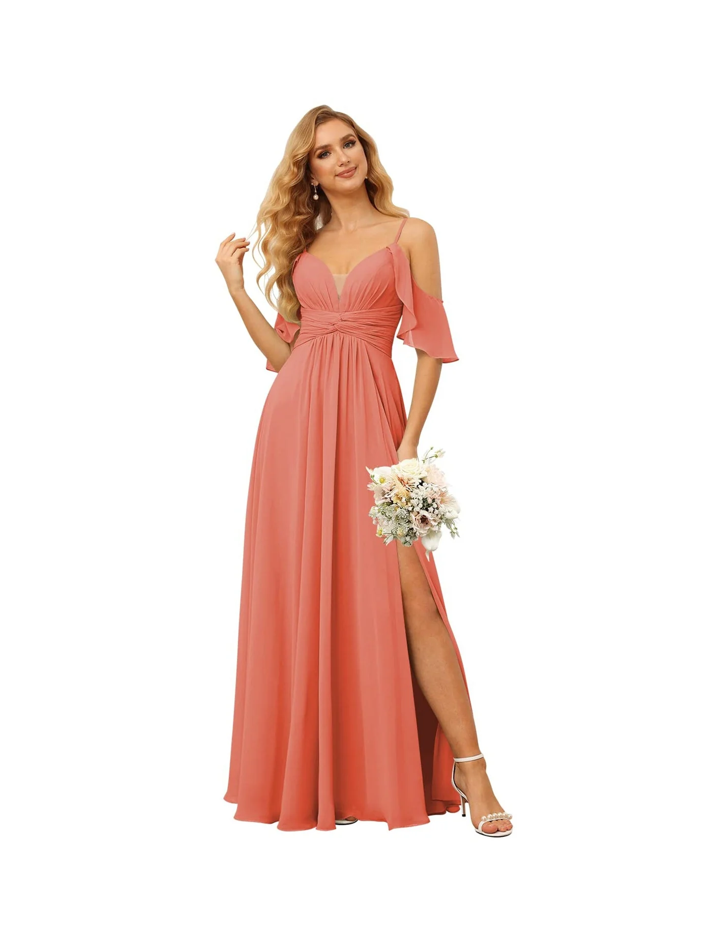 A-Line/Princess Spaghetti Straps Sleeveless Floor Length Bridesmaid Dresses Chiffon with Ruffles Split - Image 13