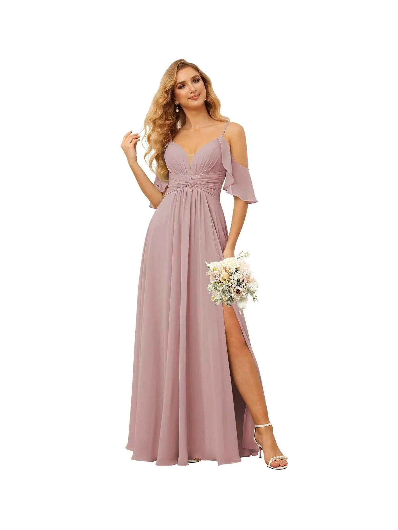 A-Line/Princess Spaghetti Straps Sleeveless Floor Length Bridesmaid Dresses Chiffon with Ruffles Split - Image 14