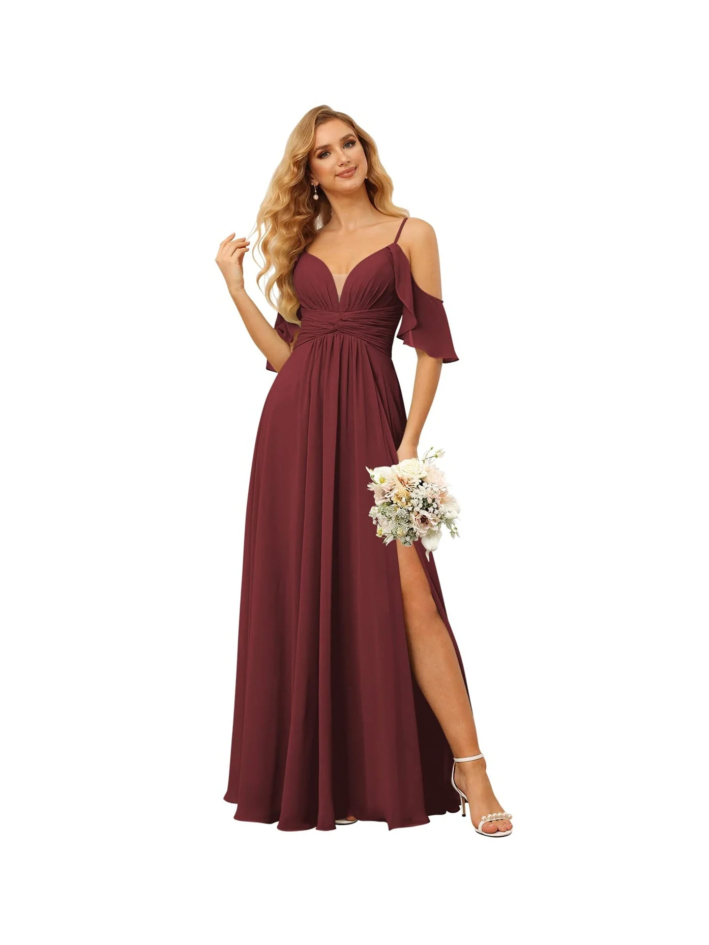 A-Line/Princess Spaghetti Straps Sleeveless Floor Length Bridesmaid Dresses Chiffon with Ruffles Split - Image 15