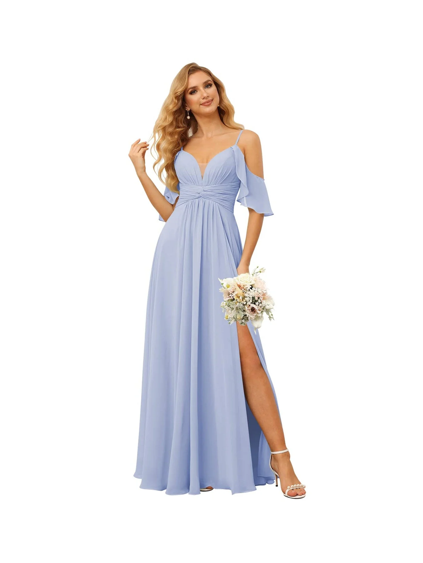 A-Line/Princess Spaghetti Straps Sleeveless Floor Length Bridesmaid Dresses Chiffon with Ruffles Split - Image 16
