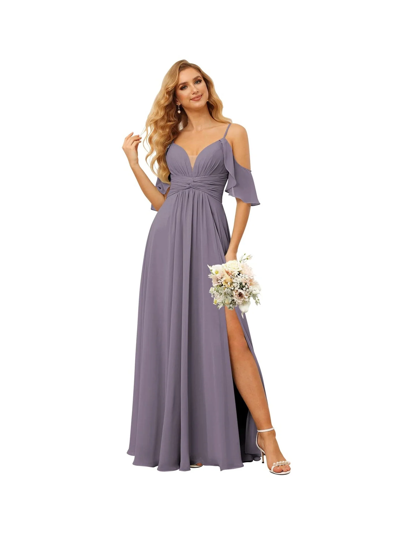A-Line/Princess Spaghetti Straps Sleeveless Floor Length Bridesmaid Dresses Chiffon with Ruffles Split - Image 17