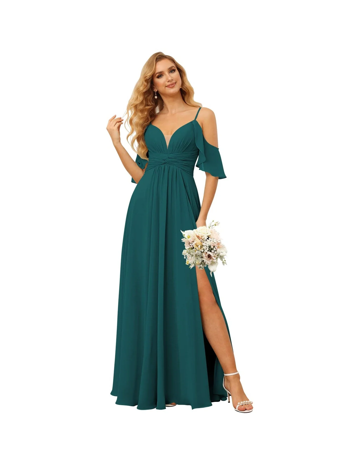 A-Line/Princess Spaghetti Straps Sleeveless Floor Length Bridesmaid Dresses Chiffon with Ruffles Split - Image 18