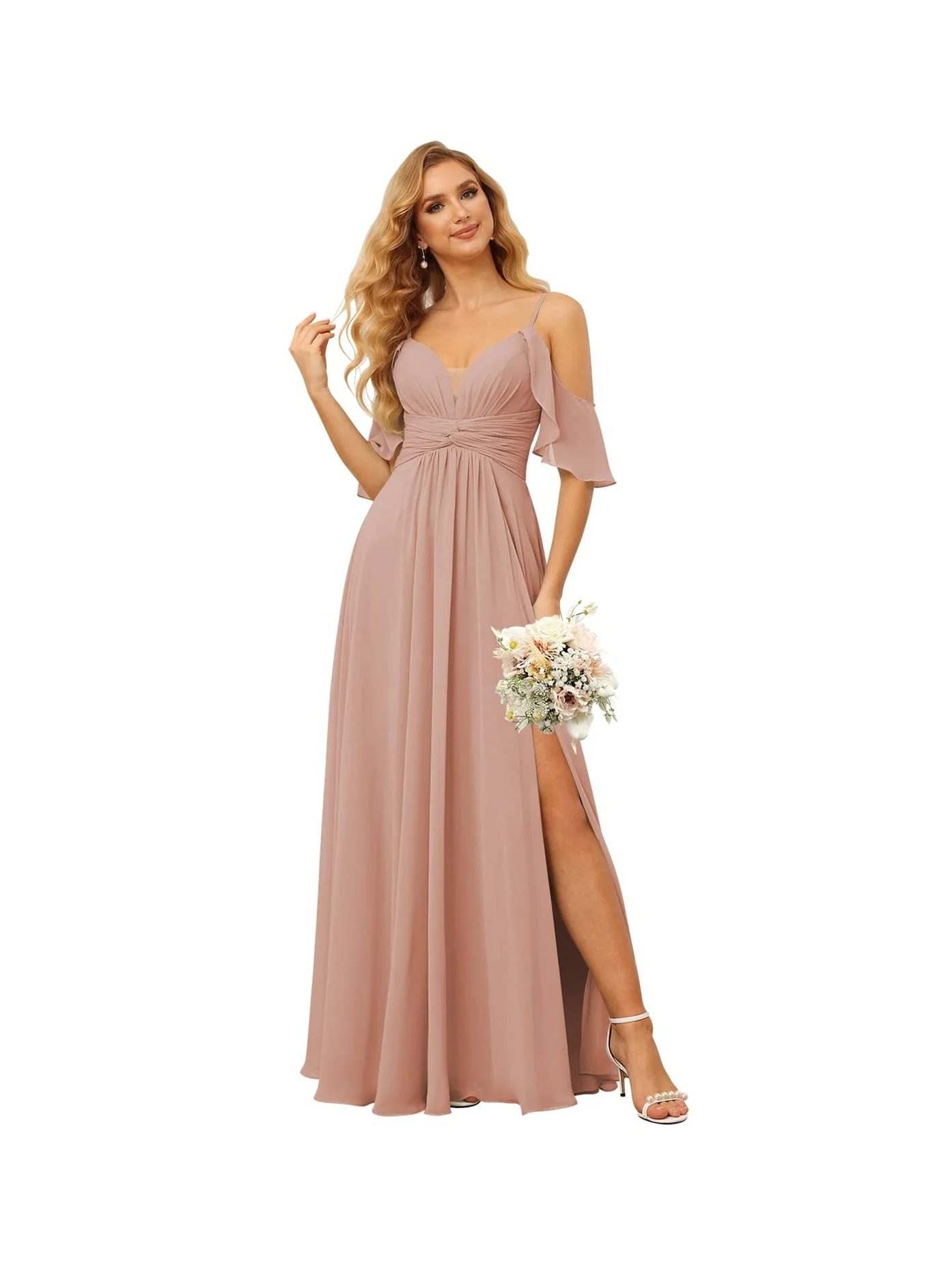 A-Line/Princess Spaghetti Straps Sleeveless Floor Length Bridesmaid Dresses Chiffon with Ruffles Split - Image 19