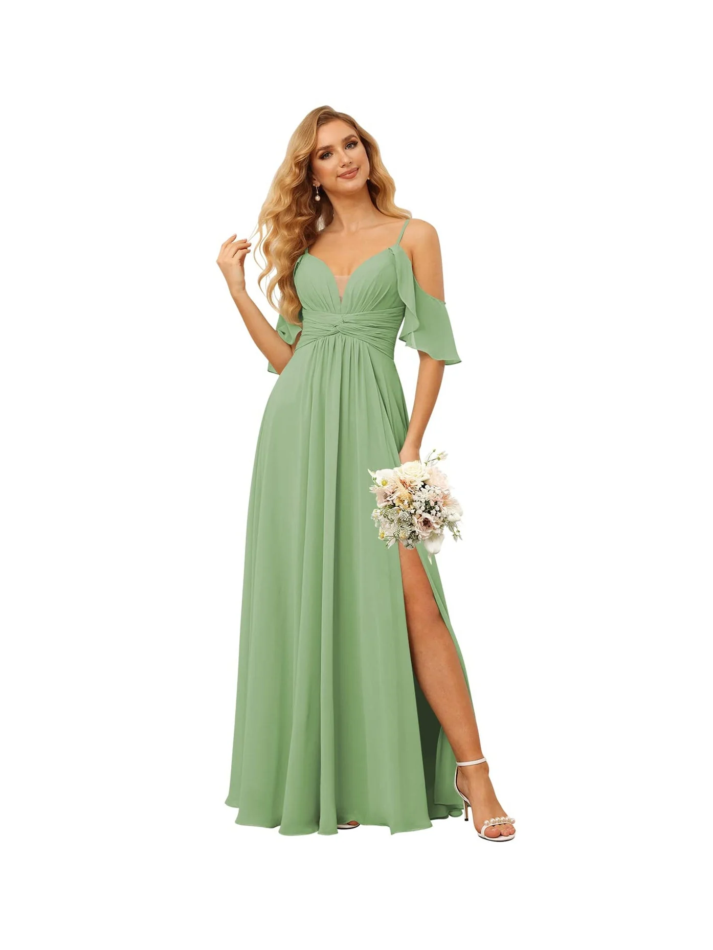 A-Line/Princess Spaghetti Straps Sleeveless Floor Length Bridesmaid Dresses Chiffon with Ruffles Split - Image 2