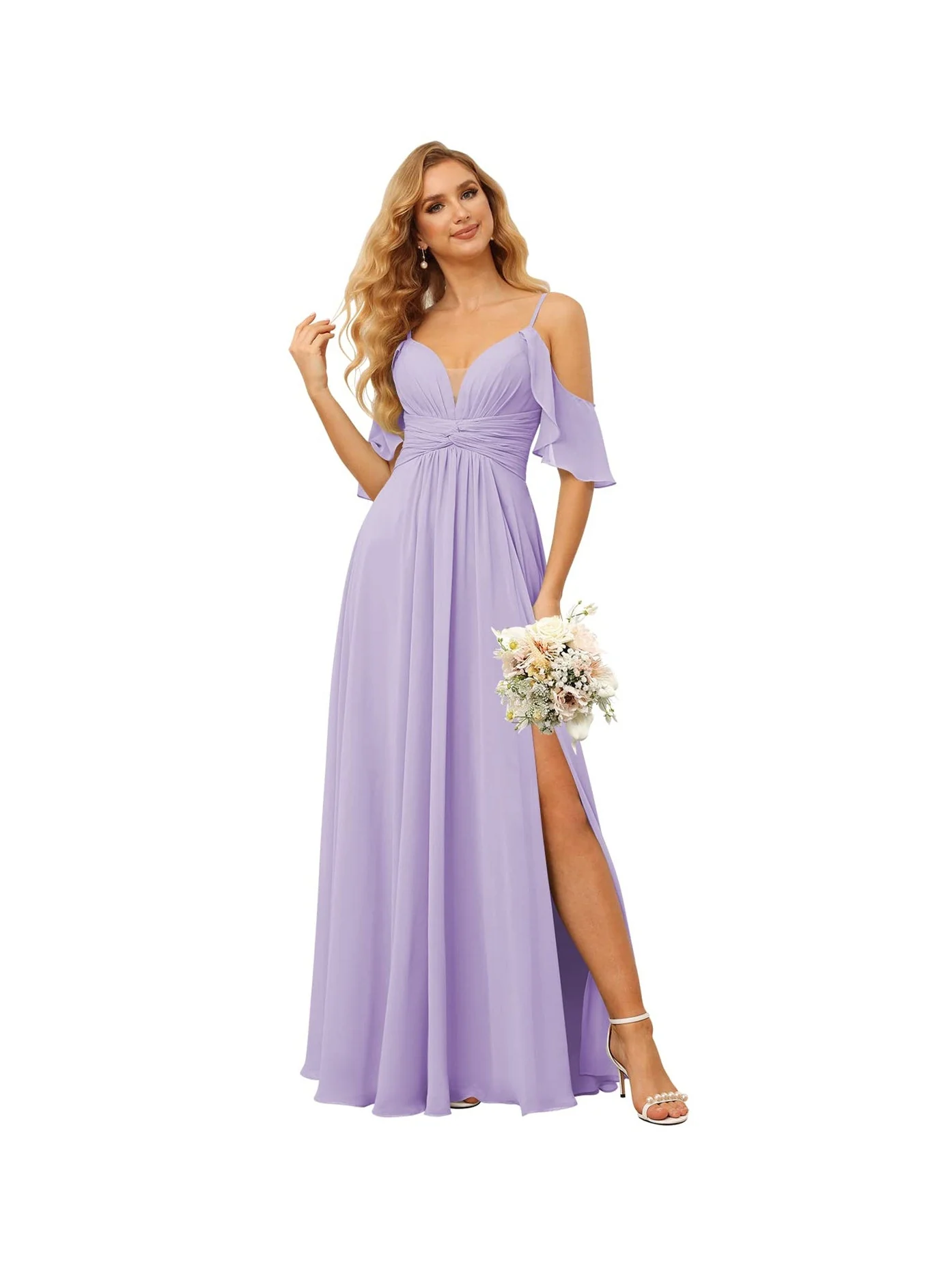 A-Line/Princess Spaghetti Straps Sleeveless Floor Length Bridesmaid Dresses Chiffon with Ruffles Split - Image 20