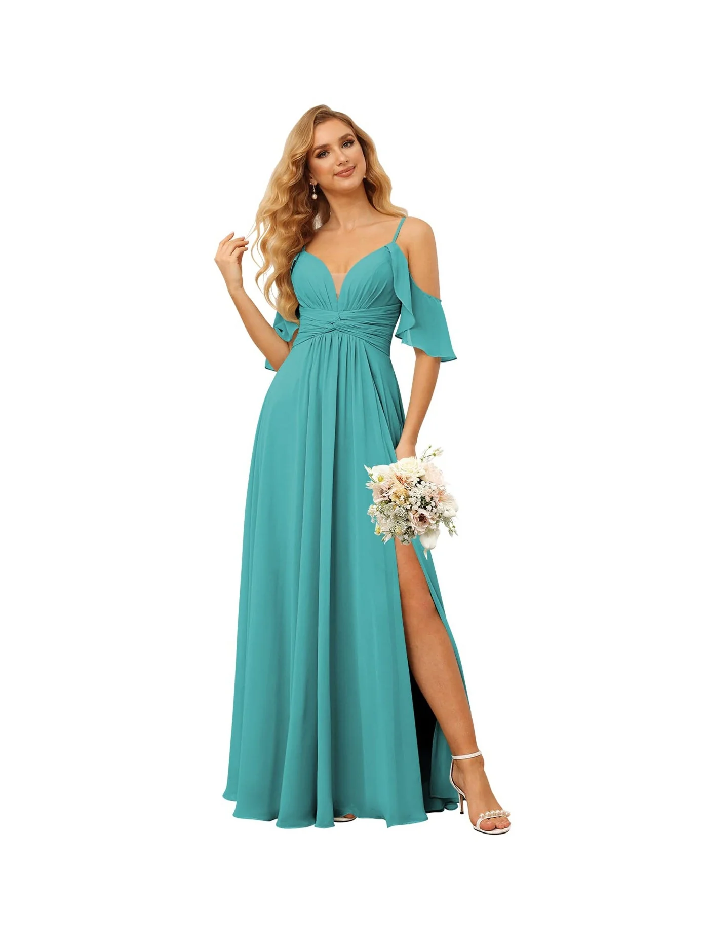 A-Line/Princess Spaghetti Straps Sleeveless Floor Length Bridesmaid Dresses Chiffon with Ruffles Split - Image 21
