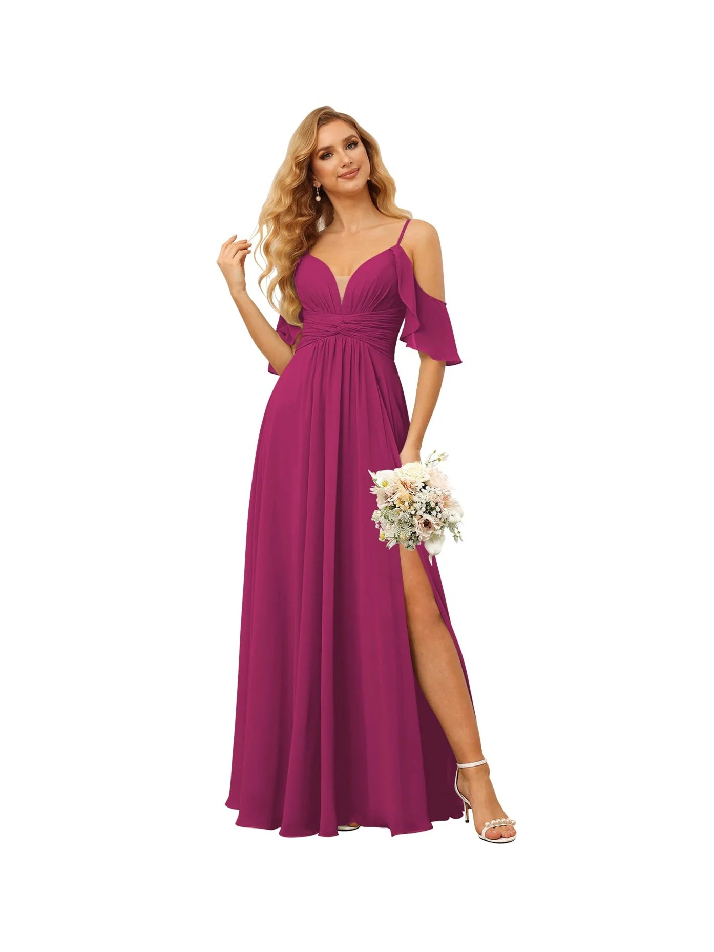 A-Line/Princess Spaghetti Straps Sleeveless Floor Length Bridesmaid Dresses Chiffon with Ruffles Split - Image 22
