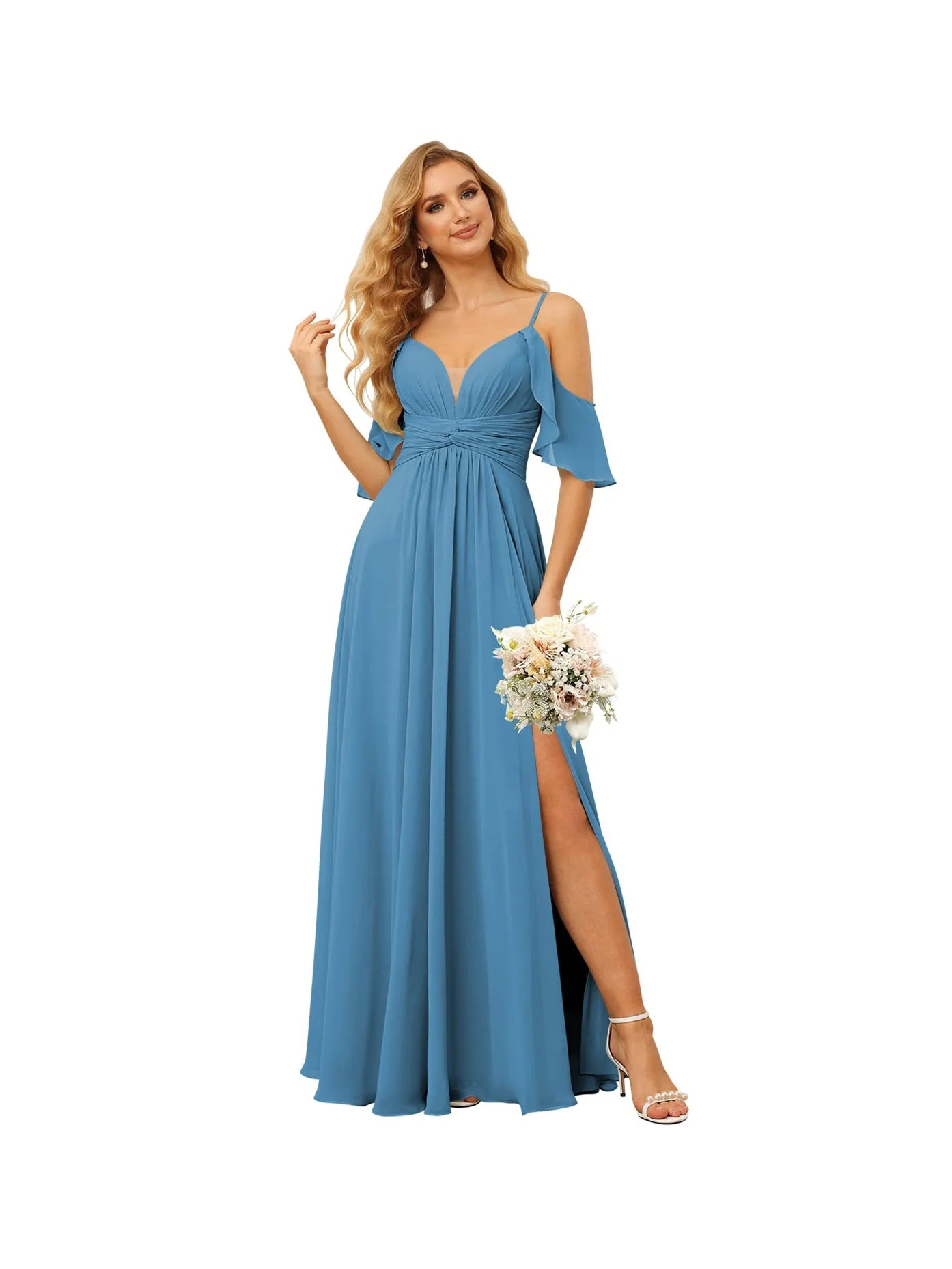 A-Line/Princess Spaghetti Straps Sleeveless Floor Length Bridesmaid Dresses Chiffon with Ruffles Split - Image 24