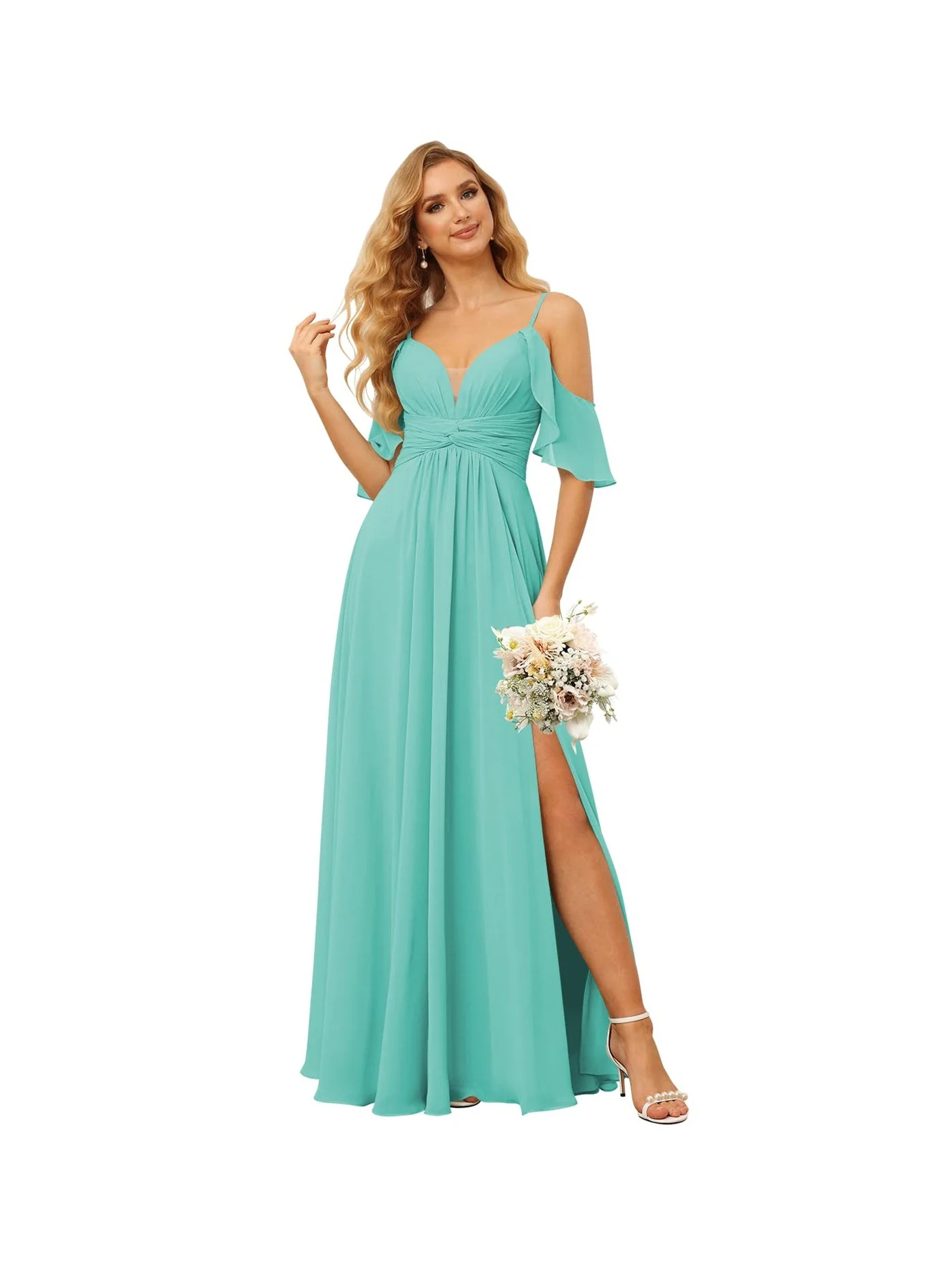 A-Line/Princess Spaghetti Straps Sleeveless Floor Length Bridesmaid Dresses Chiffon with Ruffles Split - Image 25