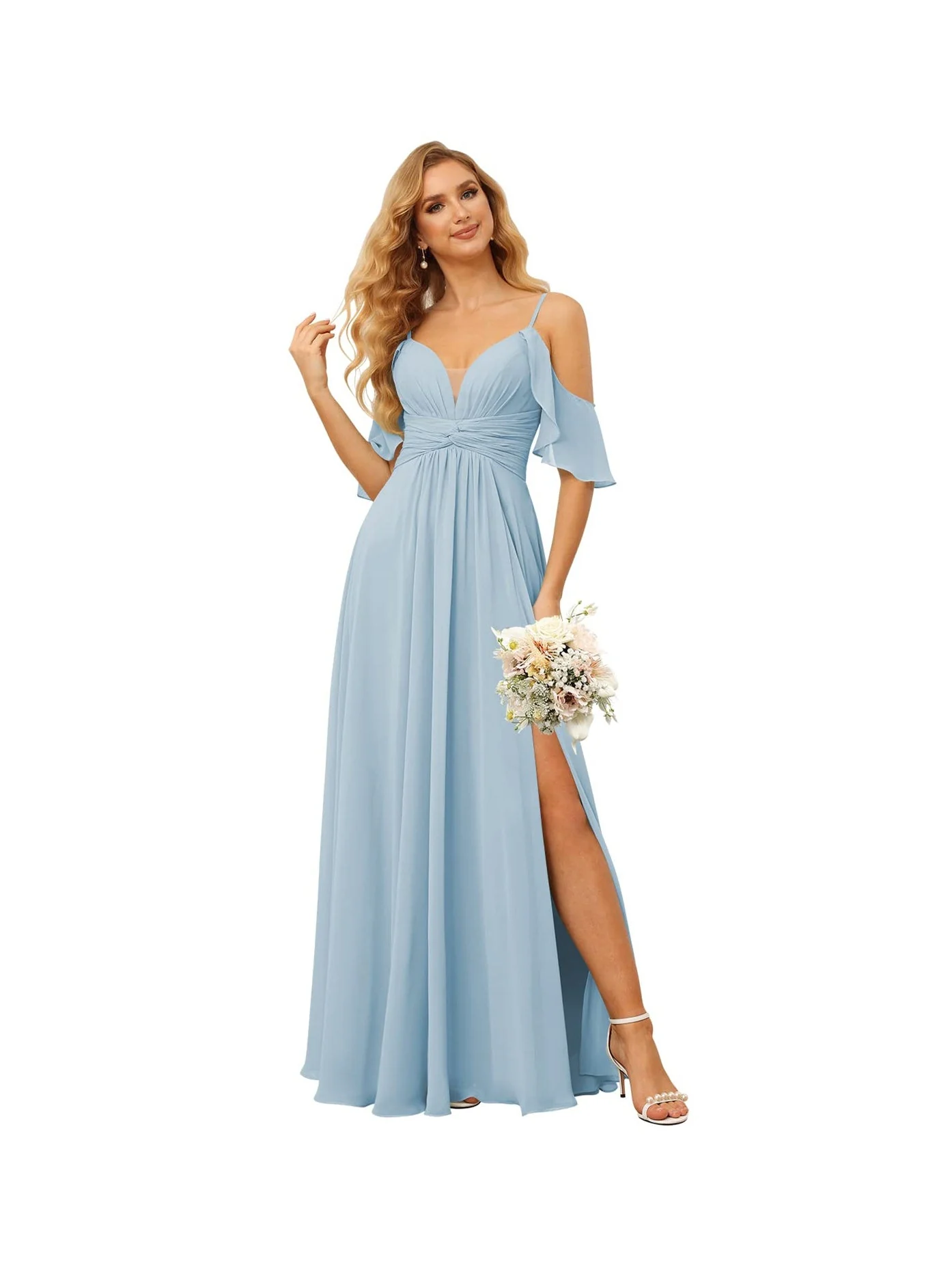 A-Line/Princess Spaghetti Straps Sleeveless Floor Length Bridesmaid Dresses Chiffon with Ruffles Split - Image 26