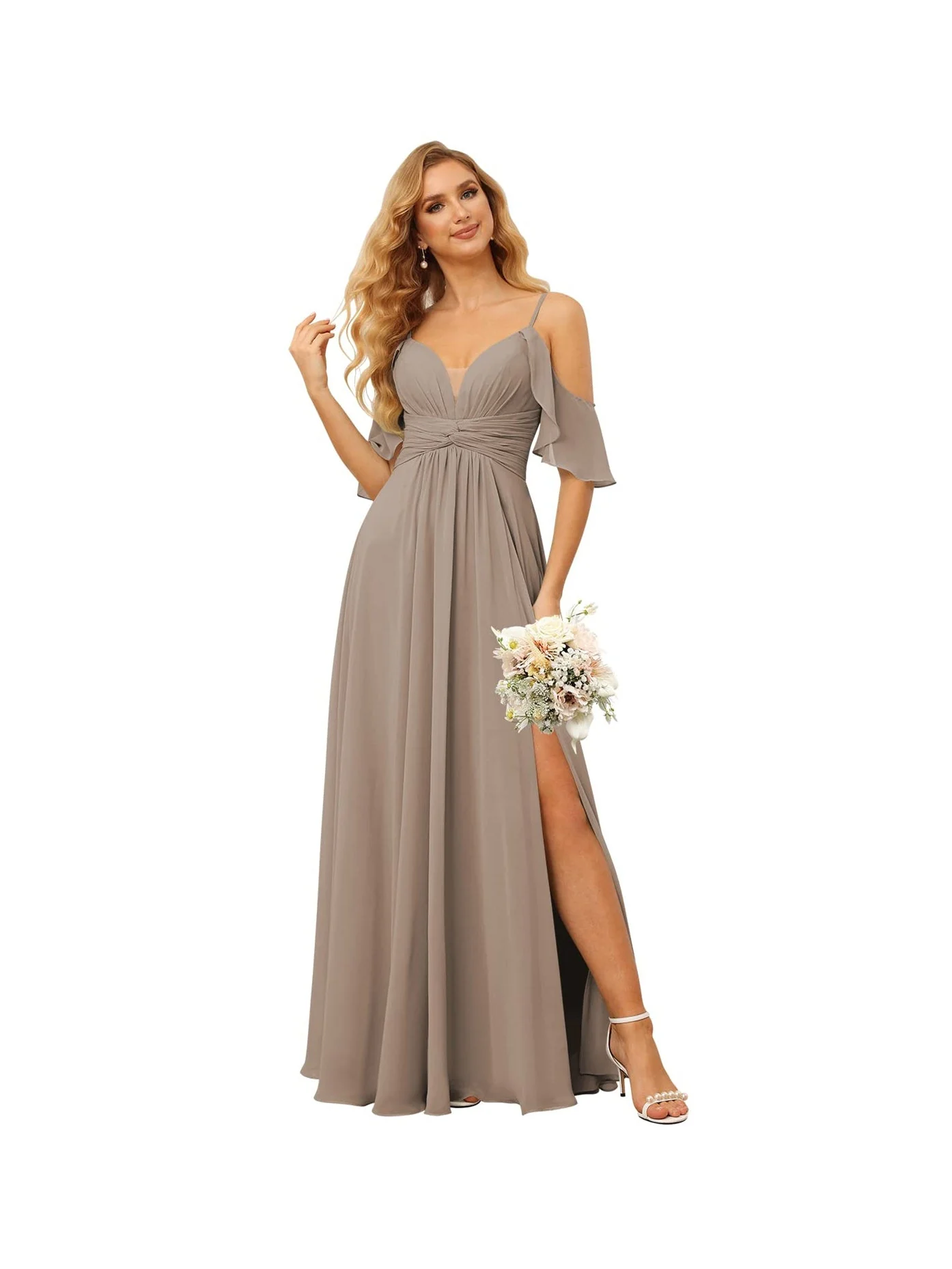 A-Line/Princess Spaghetti Straps Sleeveless Floor Length Bridesmaid Dresses Chiffon with Ruffles Split - Image 27