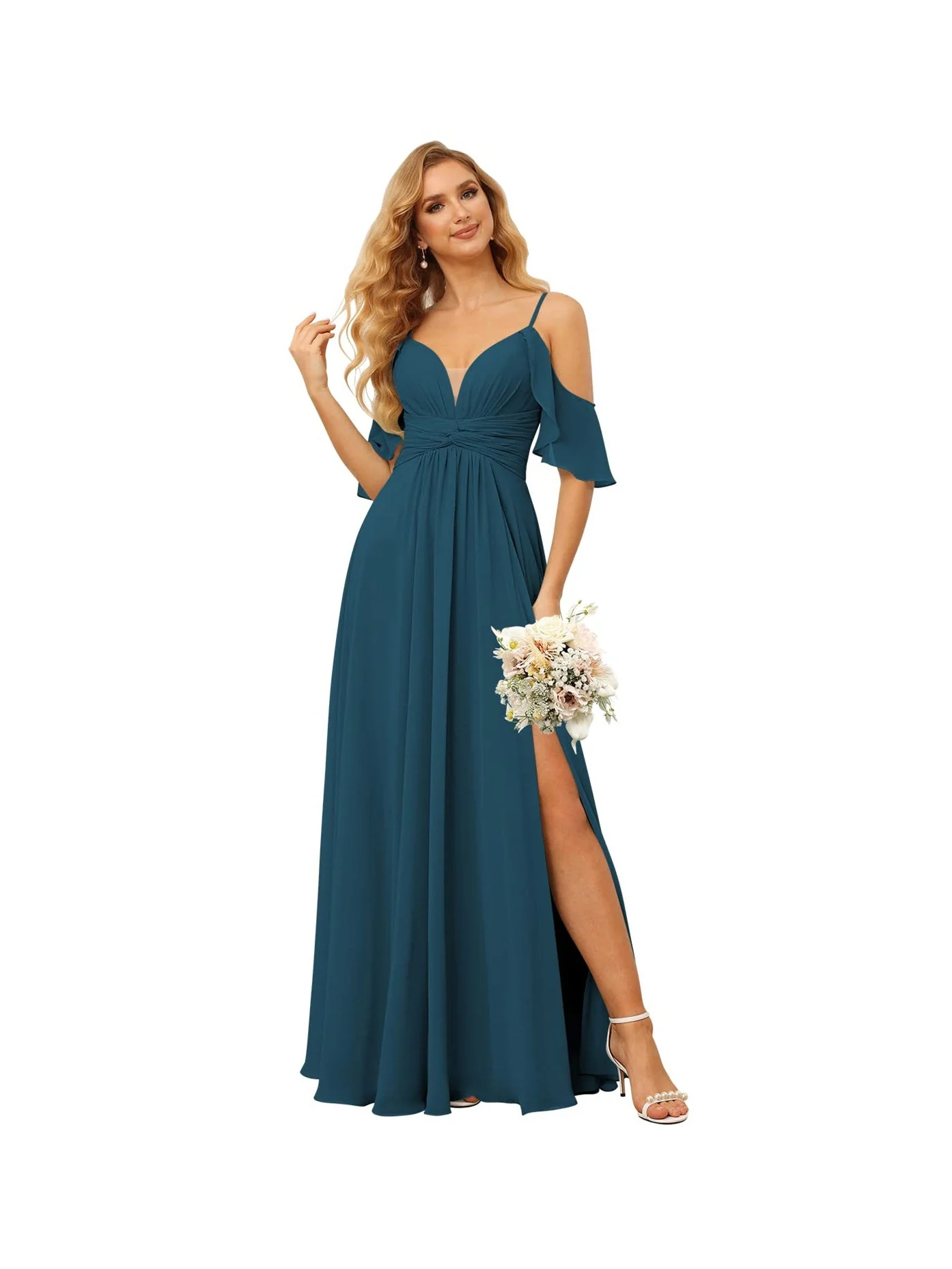 A-Line/Princess Spaghetti Straps Sleeveless Floor Length Bridesmaid Dresses Chiffon with Ruffles Split - Image 28