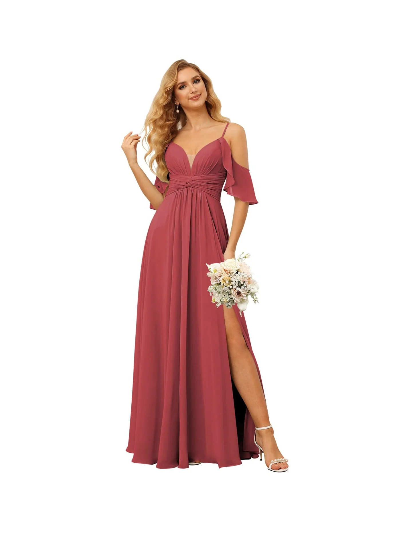 A-Line/Princess Spaghetti Straps Sleeveless Floor Length Bridesmaid Dresses Chiffon with Ruffles Split - Image 29