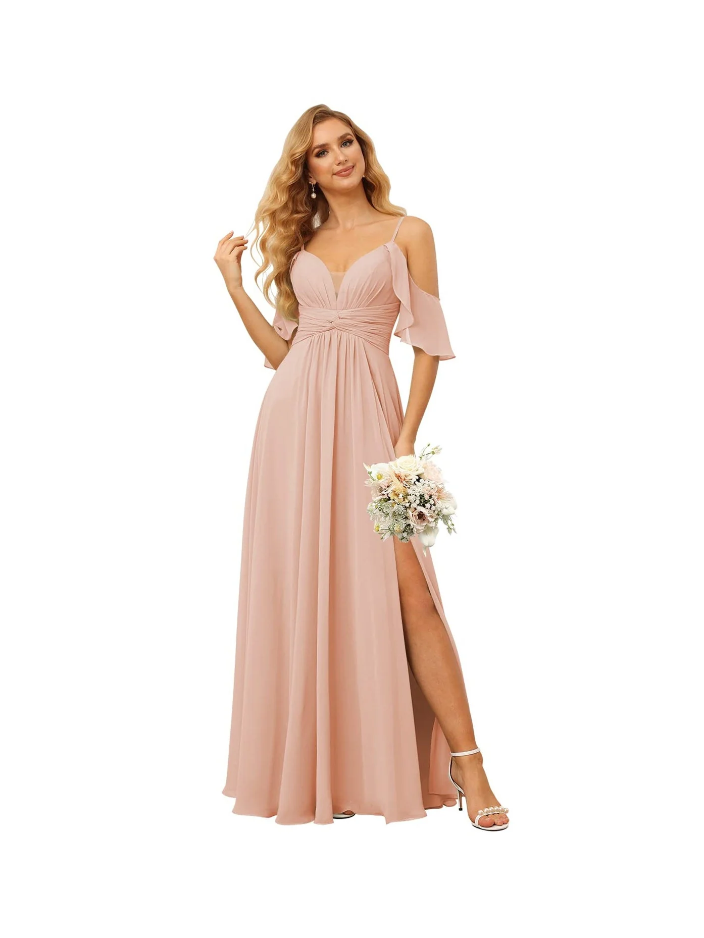 A-Line/Princess Spaghetti Straps Sleeveless Floor Length Bridesmaid Dresses Chiffon with Ruffles Split - Image 3