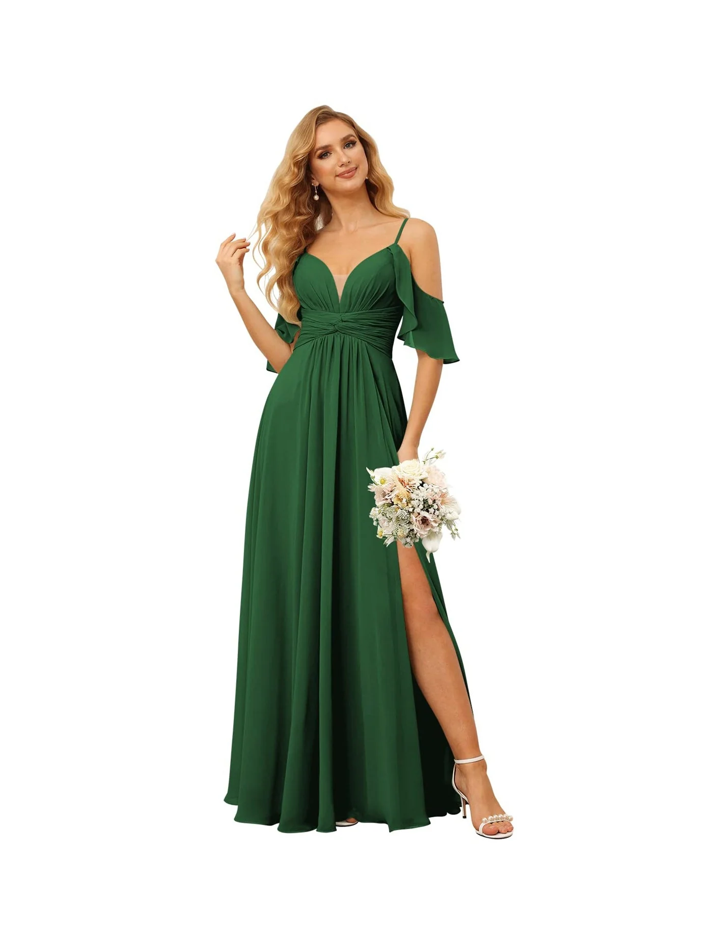 A-Line/Princess Spaghetti Straps Sleeveless Floor Length Bridesmaid Dresses Chiffon with Ruffles Split - Image 31