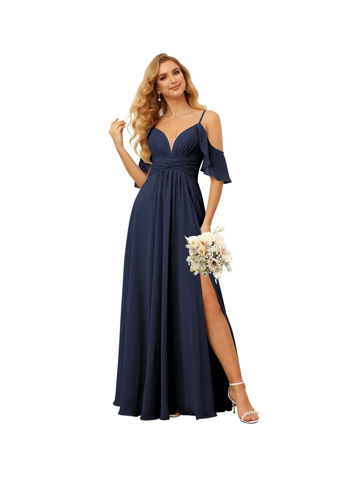 A-Line/Princess Spaghetti Straps Sleeveless Floor Length Bridesmaid Dresses Chiffon with Ruffles Split - Image 32