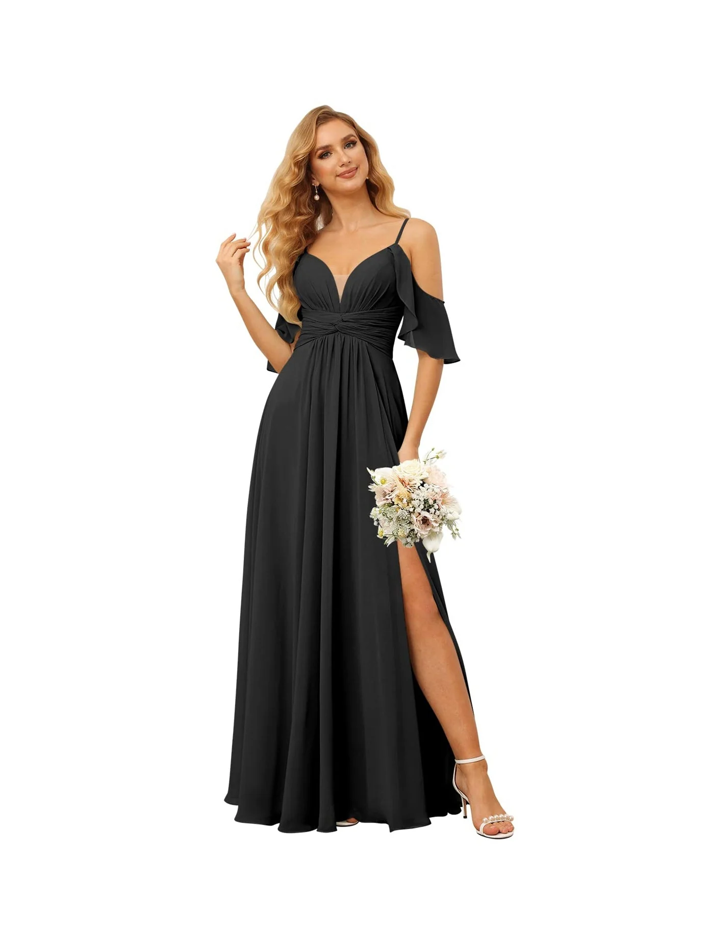 A-Line/Princess Spaghetti Straps Sleeveless Floor Length Bridesmaid Dresses Chiffon with Ruffles Split - Image 33