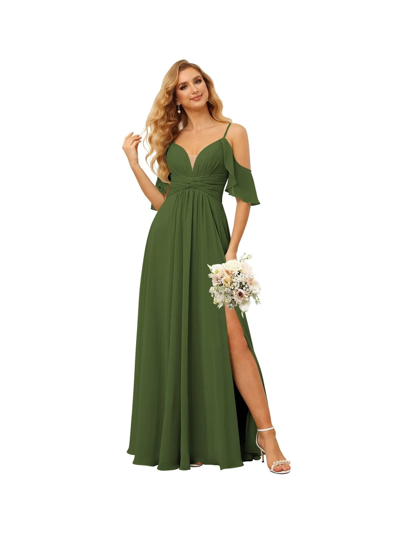 A-Line/Princess Spaghetti Straps Sleeveless Floor Length Bridesmaid Dresses Chiffon with Ruffles Split - Image 34