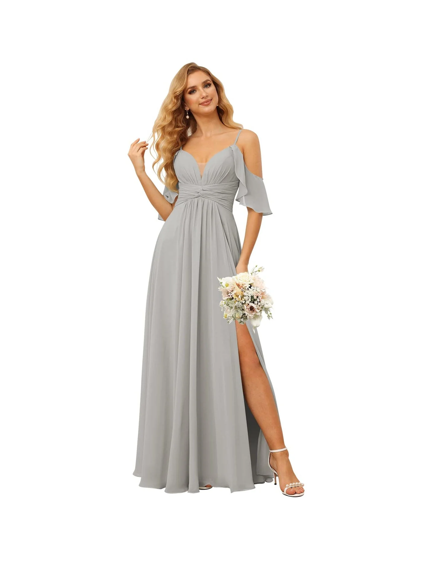 A-Line/Princess Spaghetti Straps Sleeveless Floor Length Bridesmaid Dresses Chiffon with Ruffles Split - Image 36