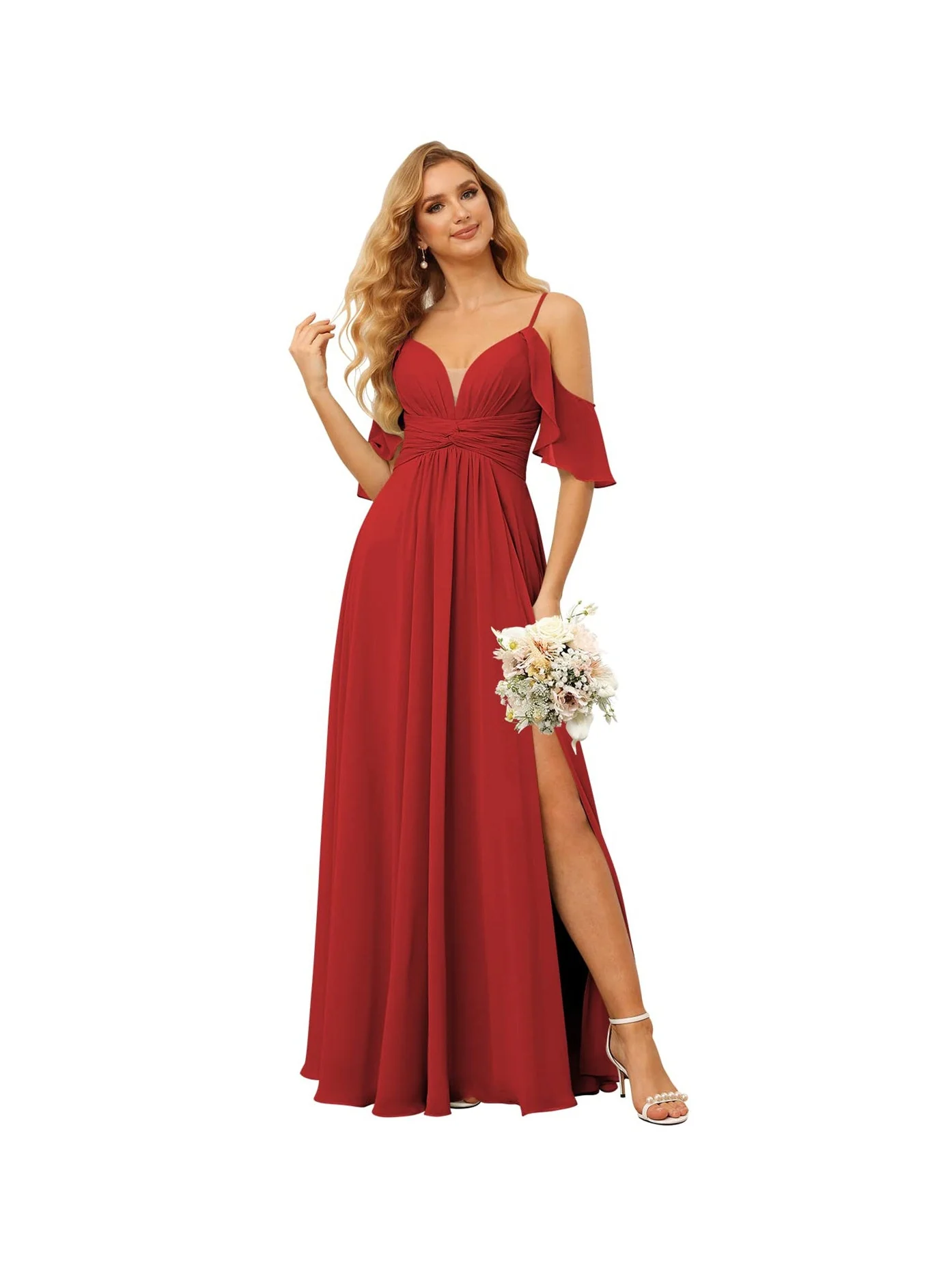 A-Line/Princess Spaghetti Straps Sleeveless Floor Length Bridesmaid Dresses Chiffon with Ruffles Split - Image 38
