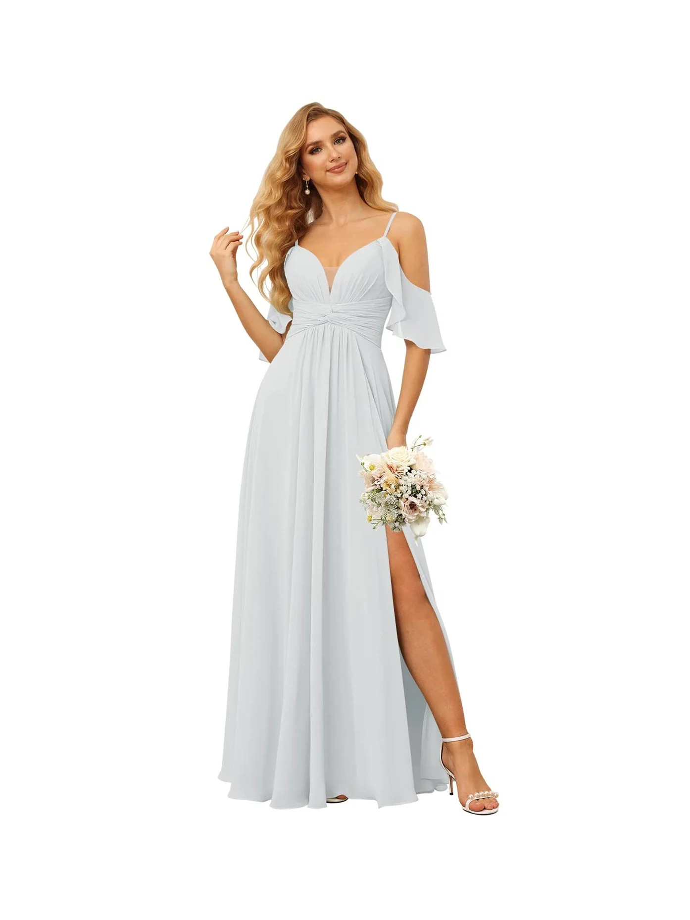 A-Line/Princess Spaghetti Straps Sleeveless Floor Length Bridesmaid Dresses Chiffon with Ruffles Split - Image 39